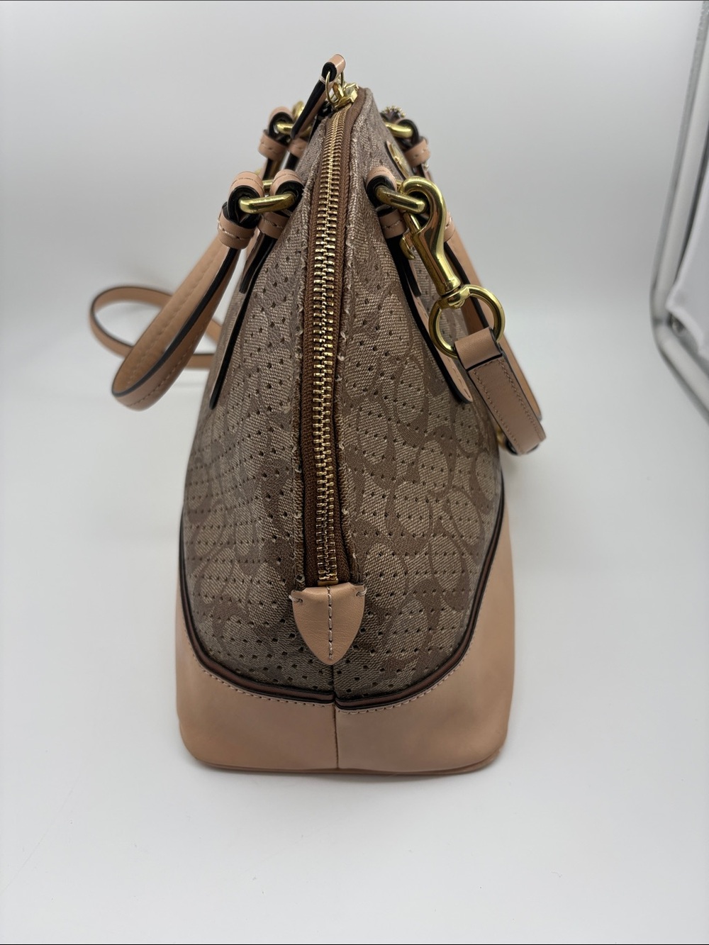 Coach Brown Perforated Signature Satchel with Tan Leather Trim - Picture 4 of 11